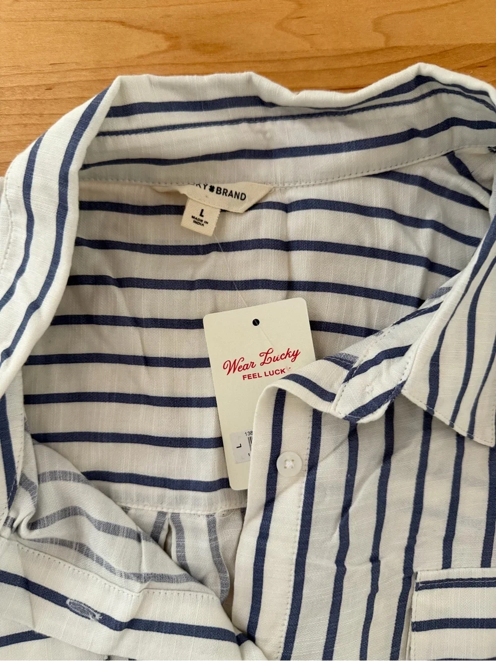 Lucky Brand White Button-Down Shirt with Navy Stripes